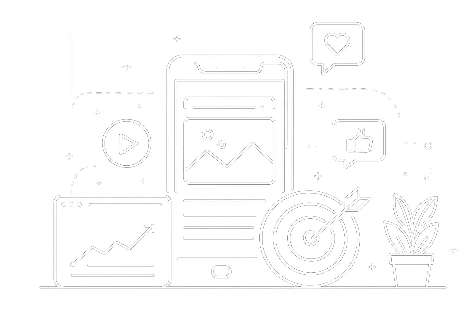 Line-art illustration of a phone with social media content, engagement icons, analytics chart, and target