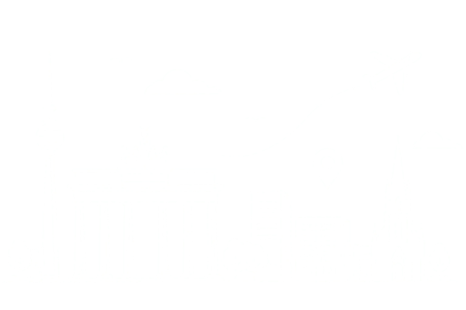 Line-art illustration of Berlin's skyline — TV tower, Brandenburg Gate, and cathedral — with a plane arriving