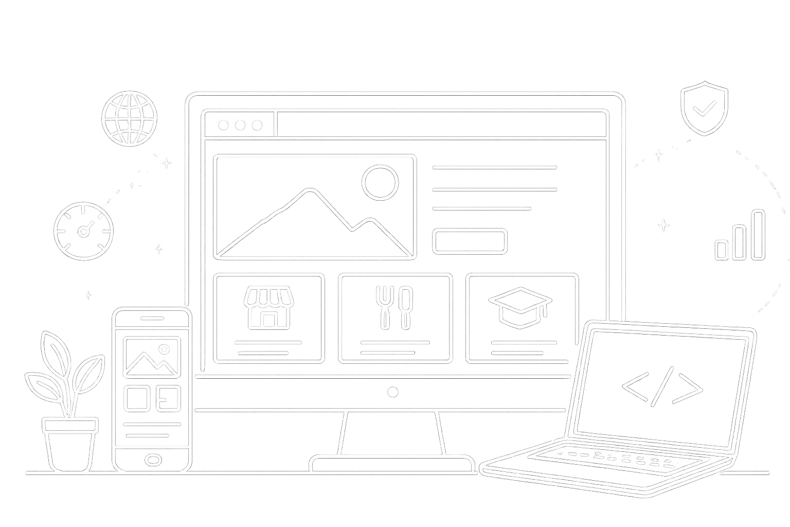 Line-art illustration of a desktop monitor, phone, and laptop showing website layouts